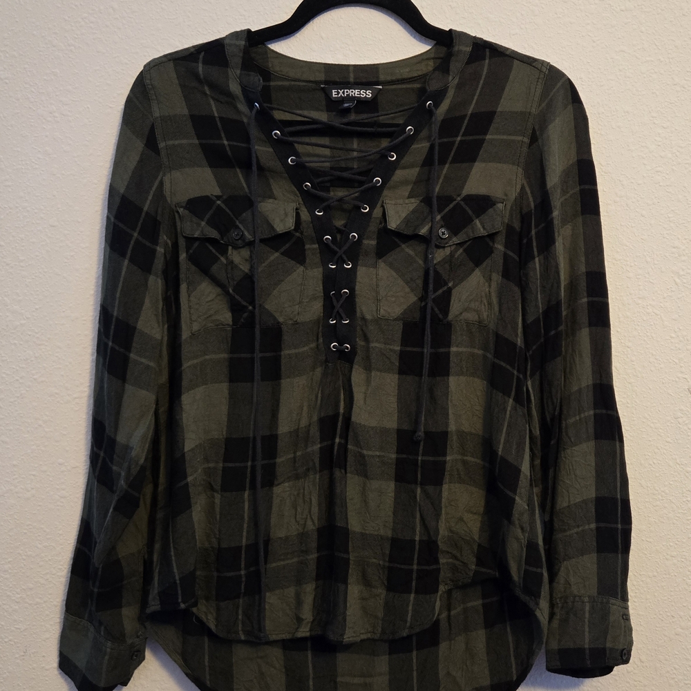 Express‎ Women's Green Plaid Top
